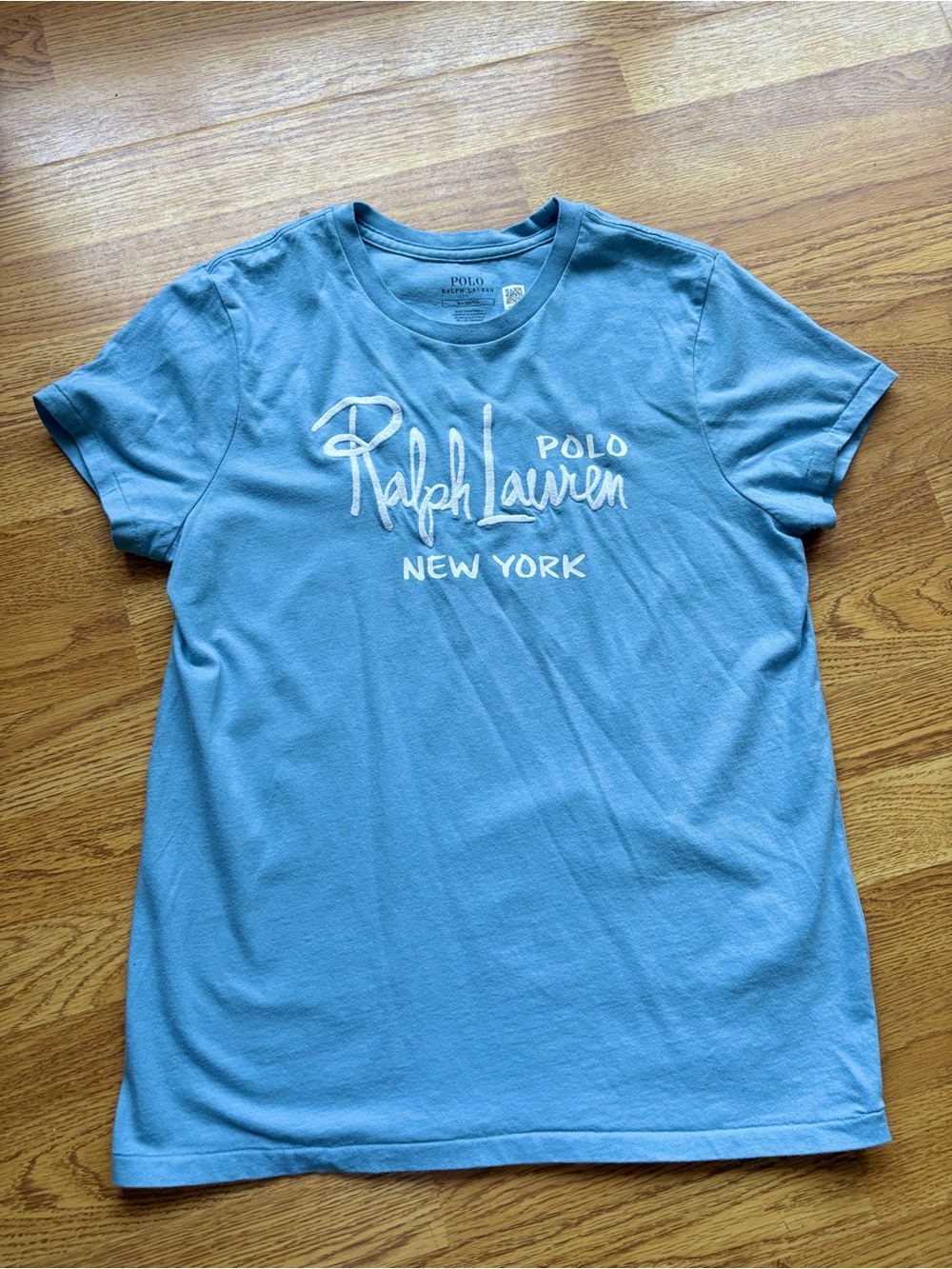 Polo Ralph Lauren New York Blue Script Logo Embroidered Crewneck Tee Womens Sz M